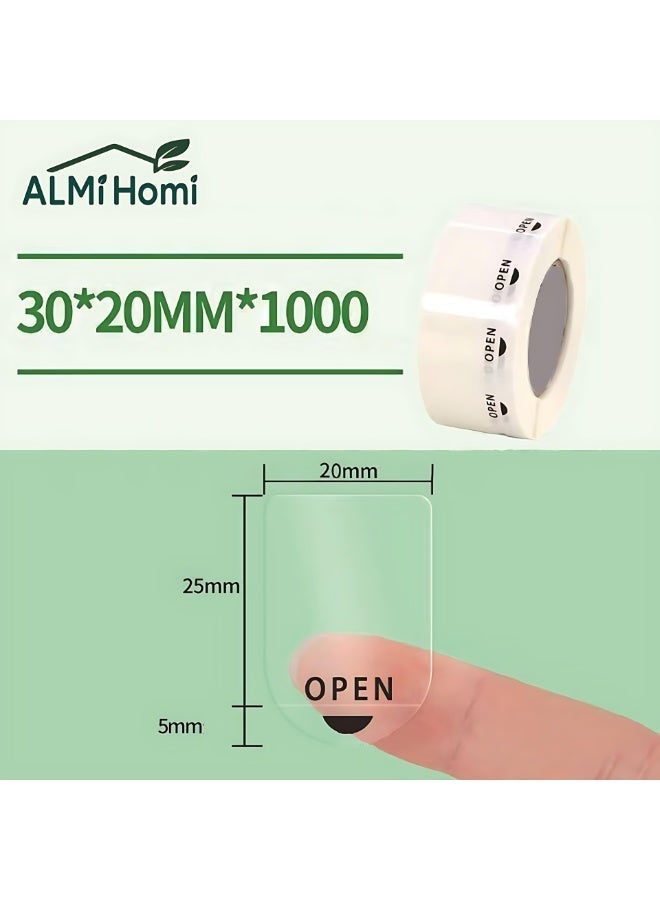 ALMiHomi Transparent OPEN Sticker Labels Roll, Waterproof Adhesive Seal Stickers, 30x20mm, 1000 Pcs, Clear Envelope Sealing Labels for Packaging - Image 1